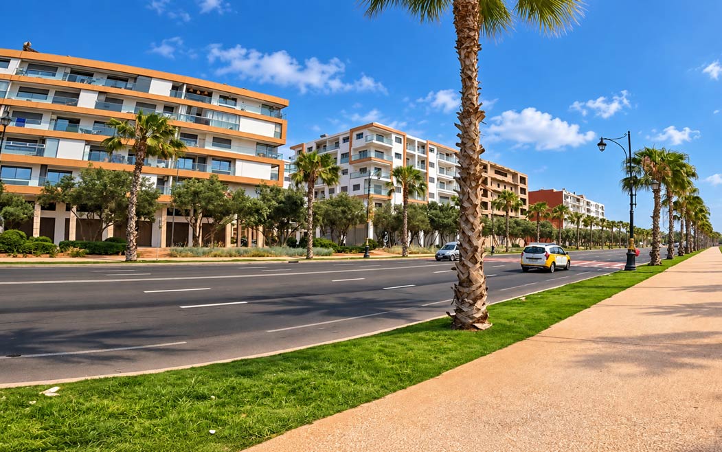 Bild: Auswandern nach Agadir Palmenboulevard mit Wohnhäusern in Agadir